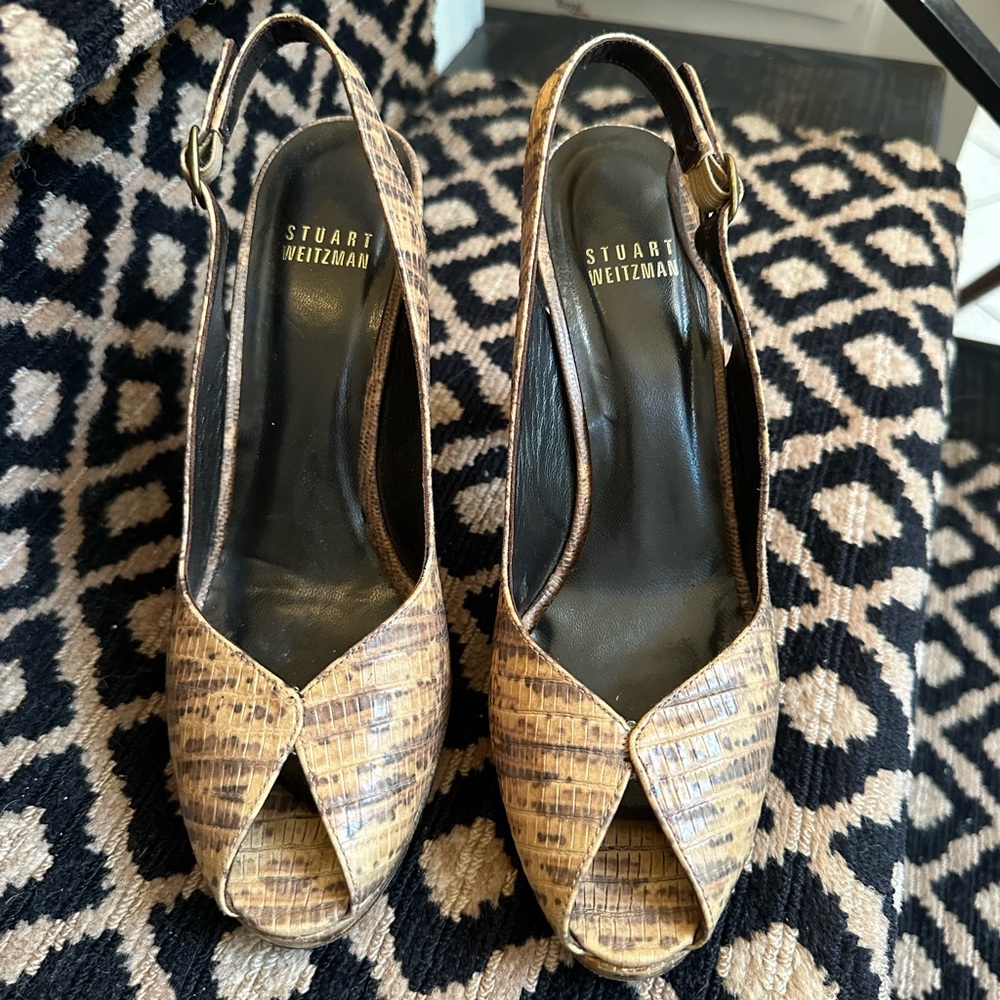 Stuart Weitzman Tan Peep-Toe Slingback Heels